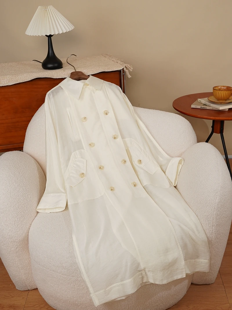 

White Linen Silk Loose Lazy Sle Windbreaker Coat 2025 Autumn New Arrival Simple Commute Loose Fit Long Sve Collar