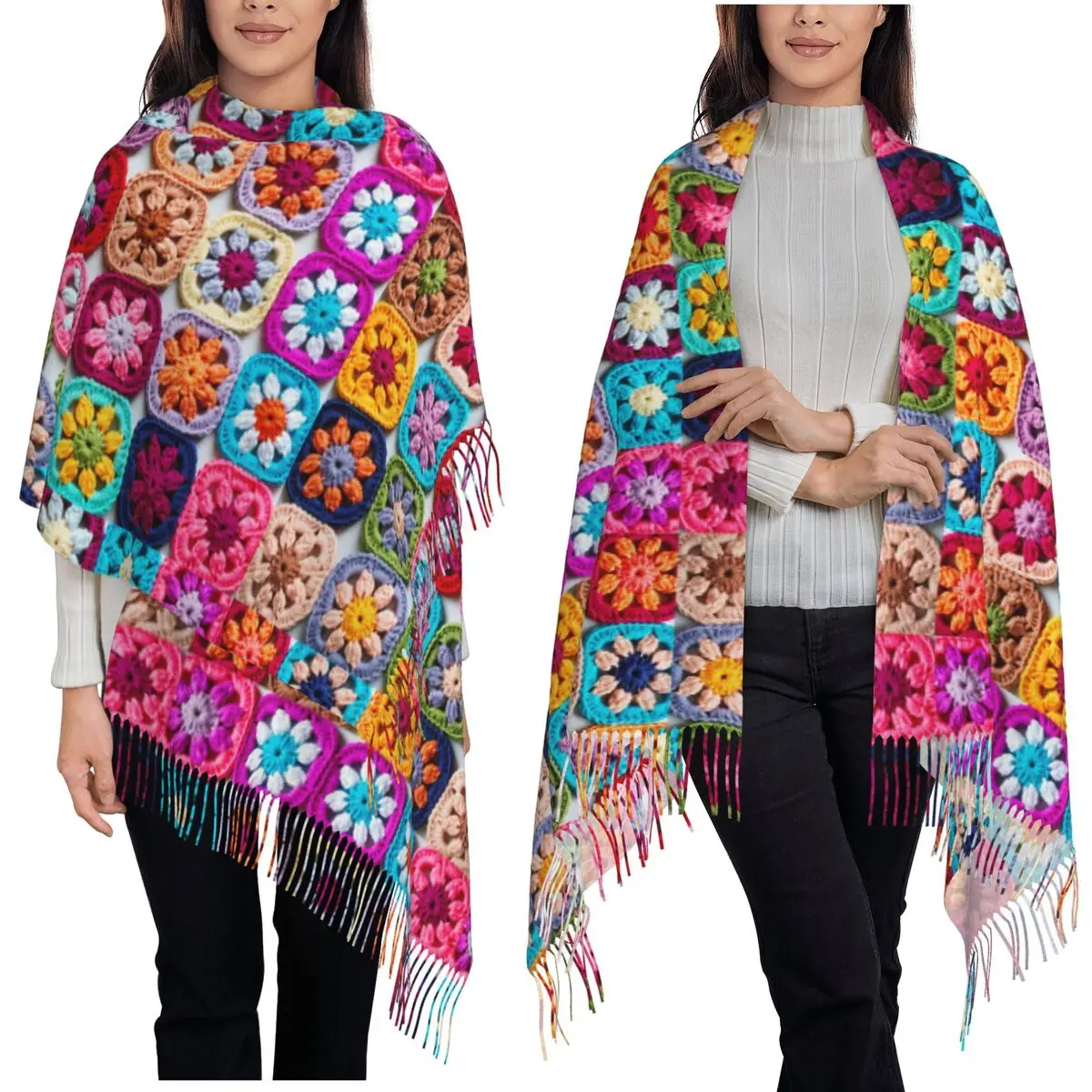 

Crochet Blanket Granny Square Vintage Scarf Tassel Scarves for Women Soft Warm Shawls and Wraps Long Fall Winter Shawl Wrap