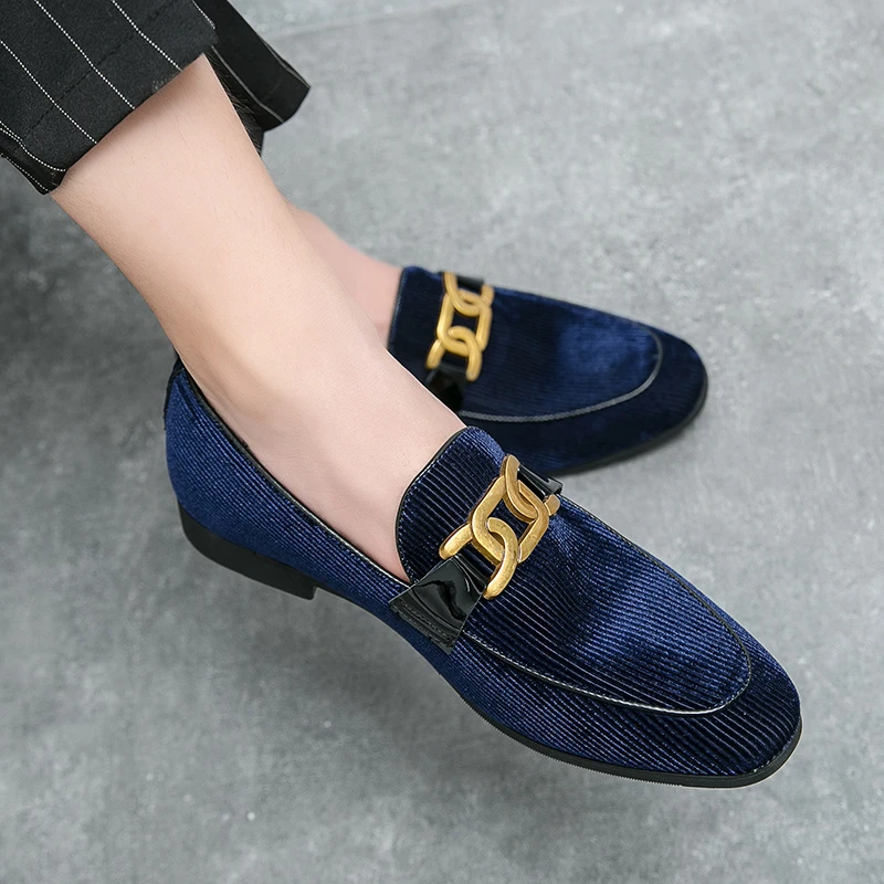Plus Size 38-48 Blue Corduroy Loafer Shoes Man Comfortable Slip-On Moccasins For Men Buckle Decoration Flat Men's Designer Shoes