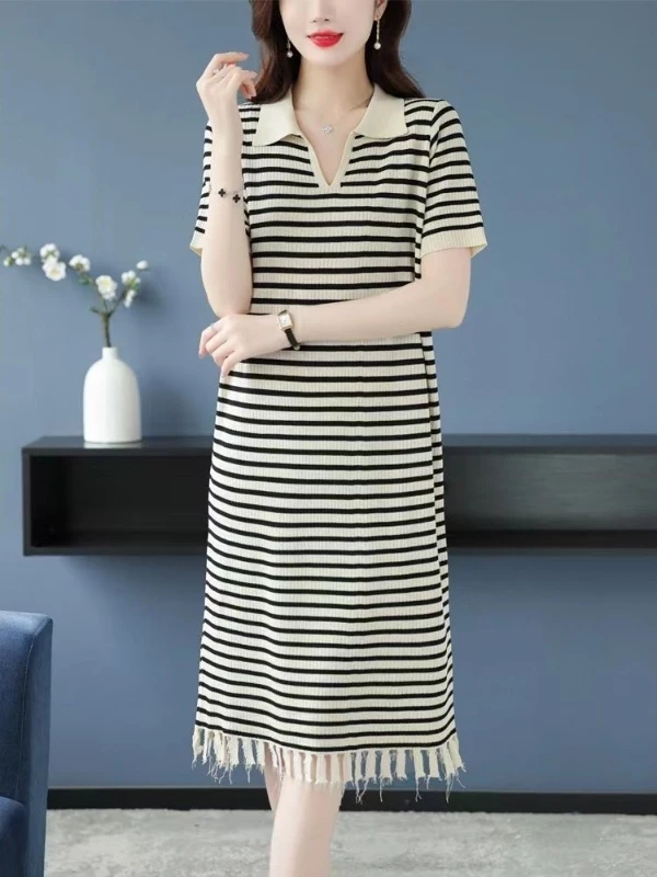 Verano suelto de punto cuello largo Dr mujer Faion diseño rayas A-Line falda fibra de poliéster ort Sve Dr