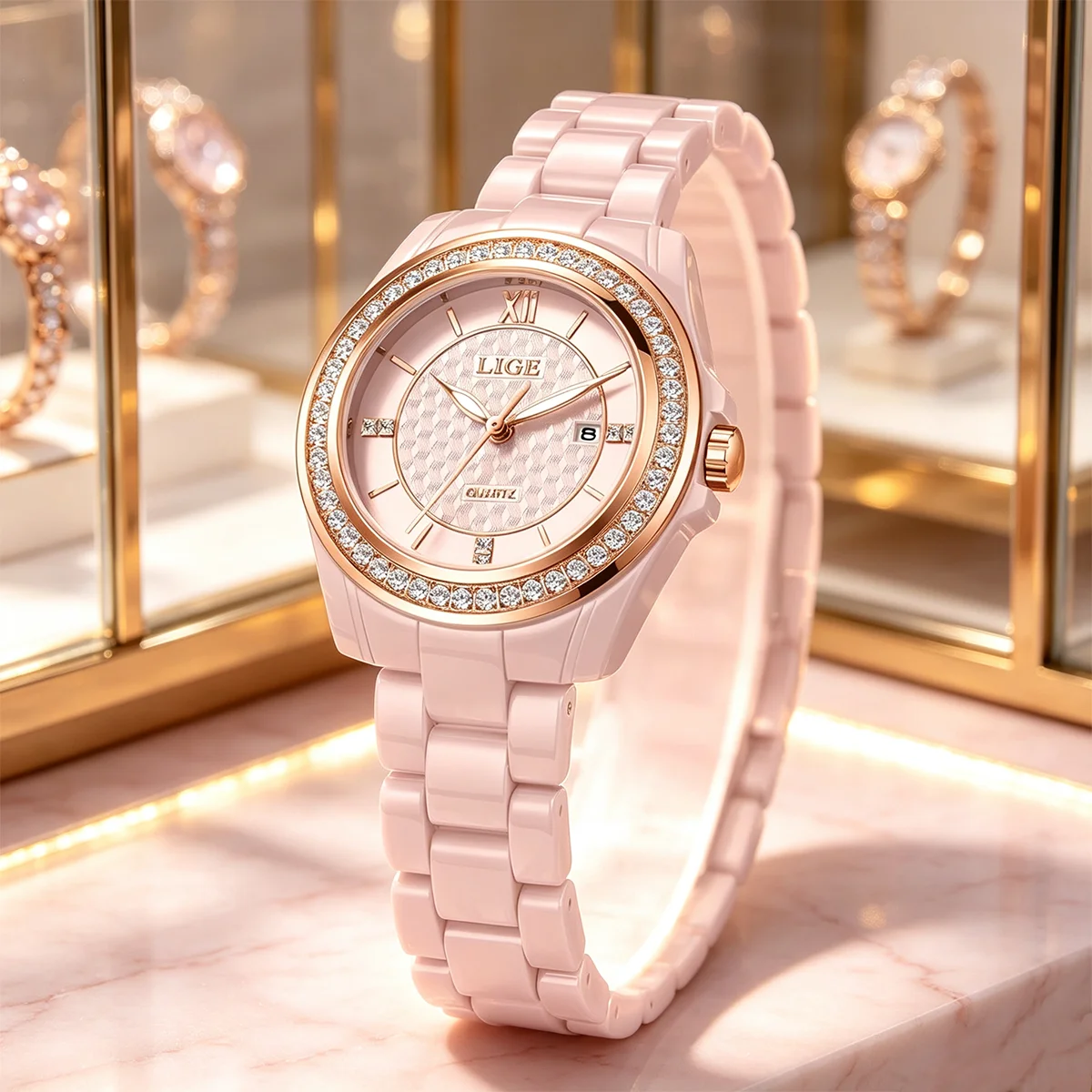 LIGE Fashion Ladies Wristwatch 2026 Diamond Ceramics Strap Waterproof Date Women's Watches Elegant Quartz Watch for Women Gifts