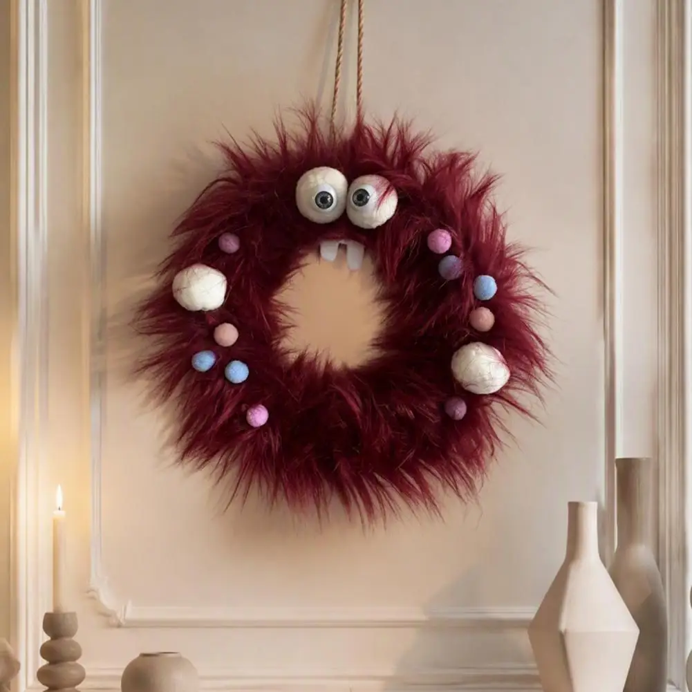 Halloween Wreath for Front Door Outdoor Halloween Decorations Halloween Fluffy Spider Wreath for Front Door Cute Furry Pom Pom