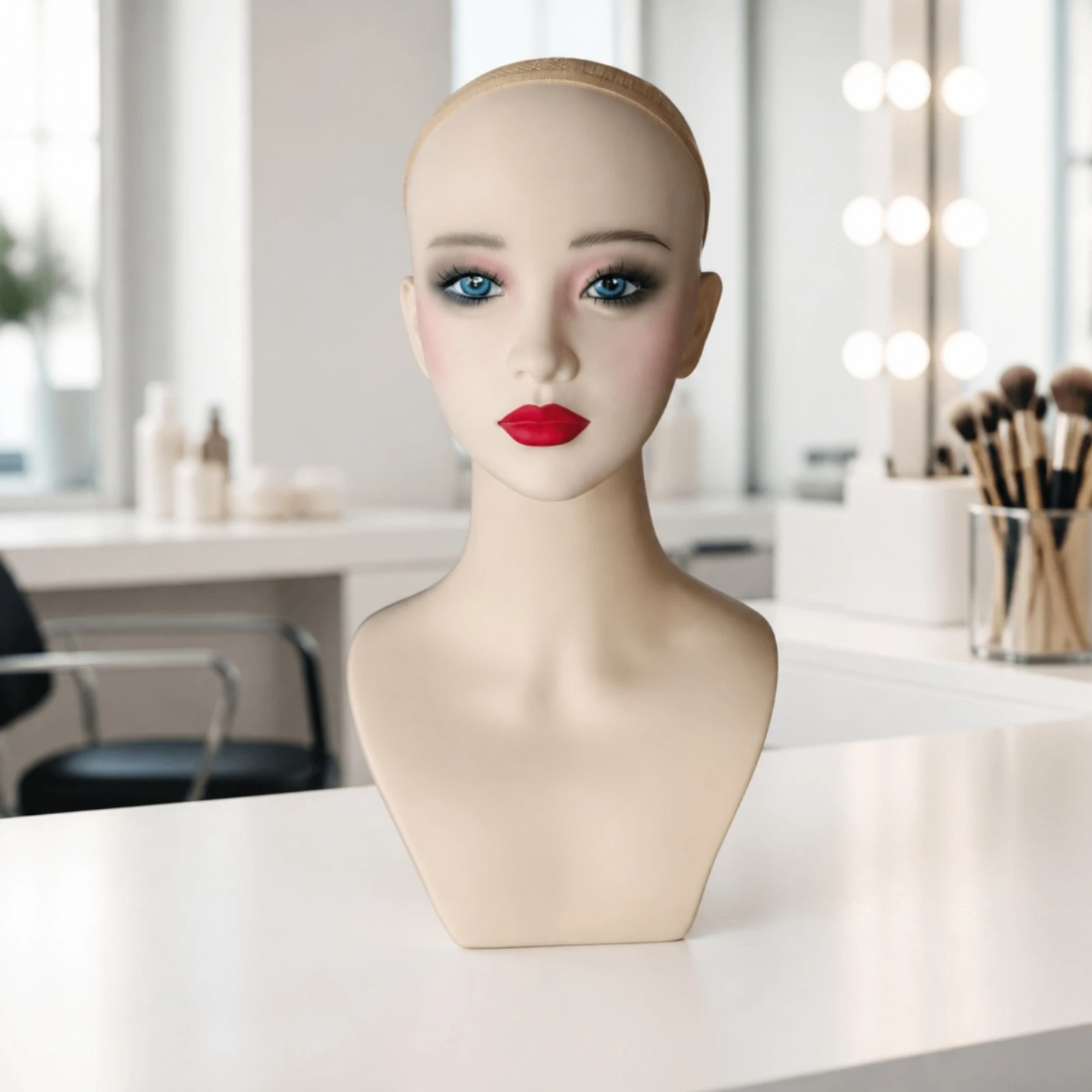 PVC Mannequin Bust Light Skin Tone Female Mannequin Head Bust for Salon Owners, Shop Displays, Product Photography