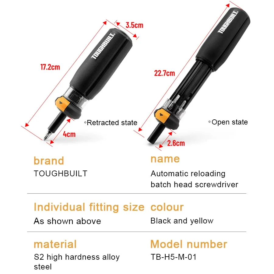 TOUGHBUILT TB-H5-M-01 6-in-1 Autoloading Multi-Bit Driver with 6 Bit Tips Stored for Phillips, Slotted and Square Screws