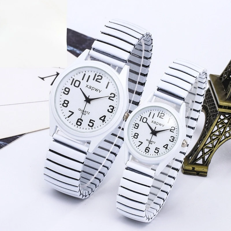 ファッションカップル腕時計女性男性クリエイティブミニマリストステンレス鋼弾性バンド腕時計レトロ高齢者カップルクォーツ腕時計