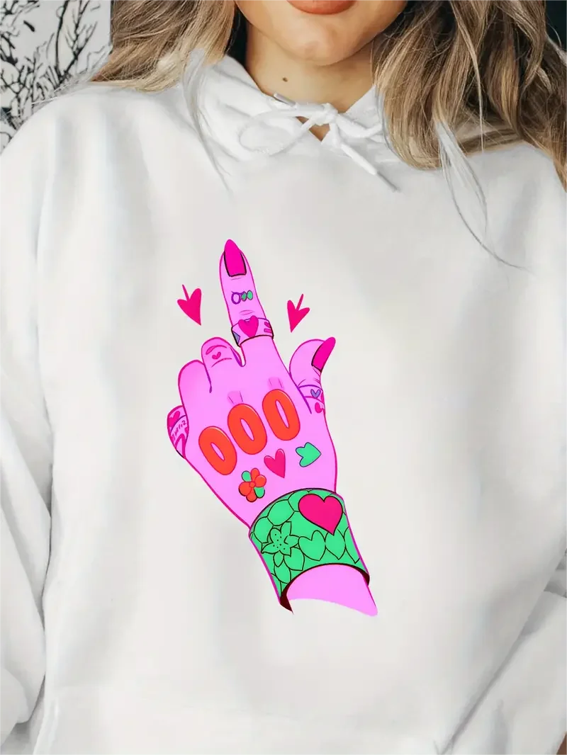 

Hand Print Hoodie Casual Pocket Long Sleeve Drawstring Hoodies Sweatshirt Women's Clothing