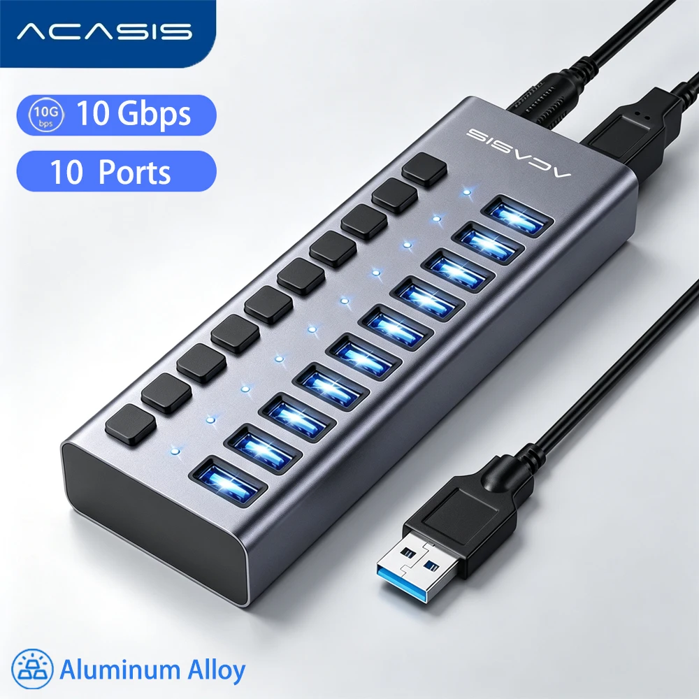 ACASIS 10 Port USB Hub 10Gbps USB Splitter Aluminum Alloy Individual Switches Indicator Light For Laptop PC Desktop Workstation