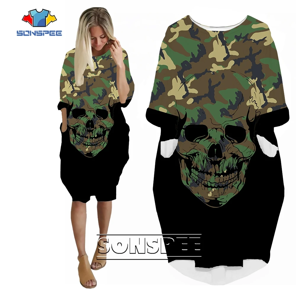 SONSPEE The New Horror Series Skull Pattern Women Dress 3D Print Green Skull Harajuku Camouflage Skirt Lady Girl All-match Gown