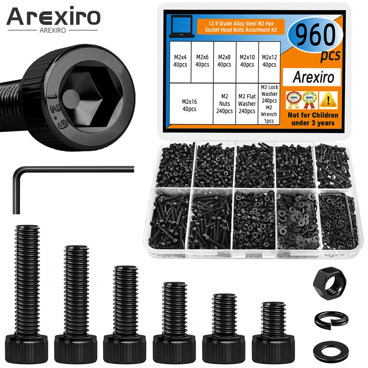 

960PCS 12.9 Grade Alloy Steel Hexagonal Socket Head Bolts Nuts and Washers Combination Set Suitable for 3D Printers DIY