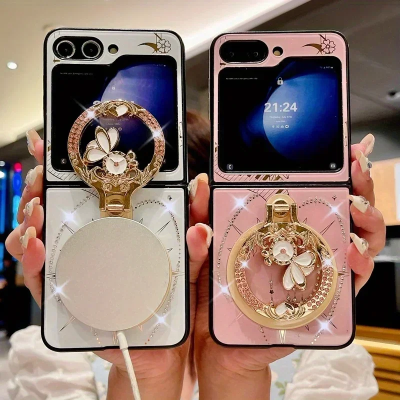 Fashion Encrusted Rhinestone Magnetic Stand Phone Case for Z Flip 5 4 3 Folding Case Premium Case for Galaxy Z Flip6 5 4 3 Cover