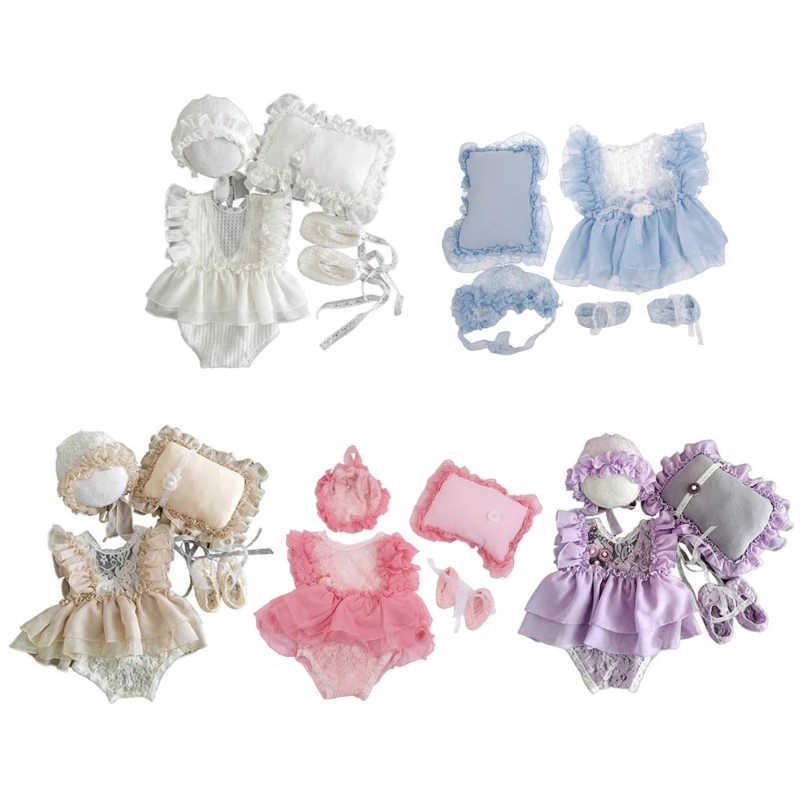 

5Pcs/Set Baby Hat+Pillow+Romper Jumpsuit+Shoes+Headwear Newborn Photography Props Infants Photo Costume Outfits