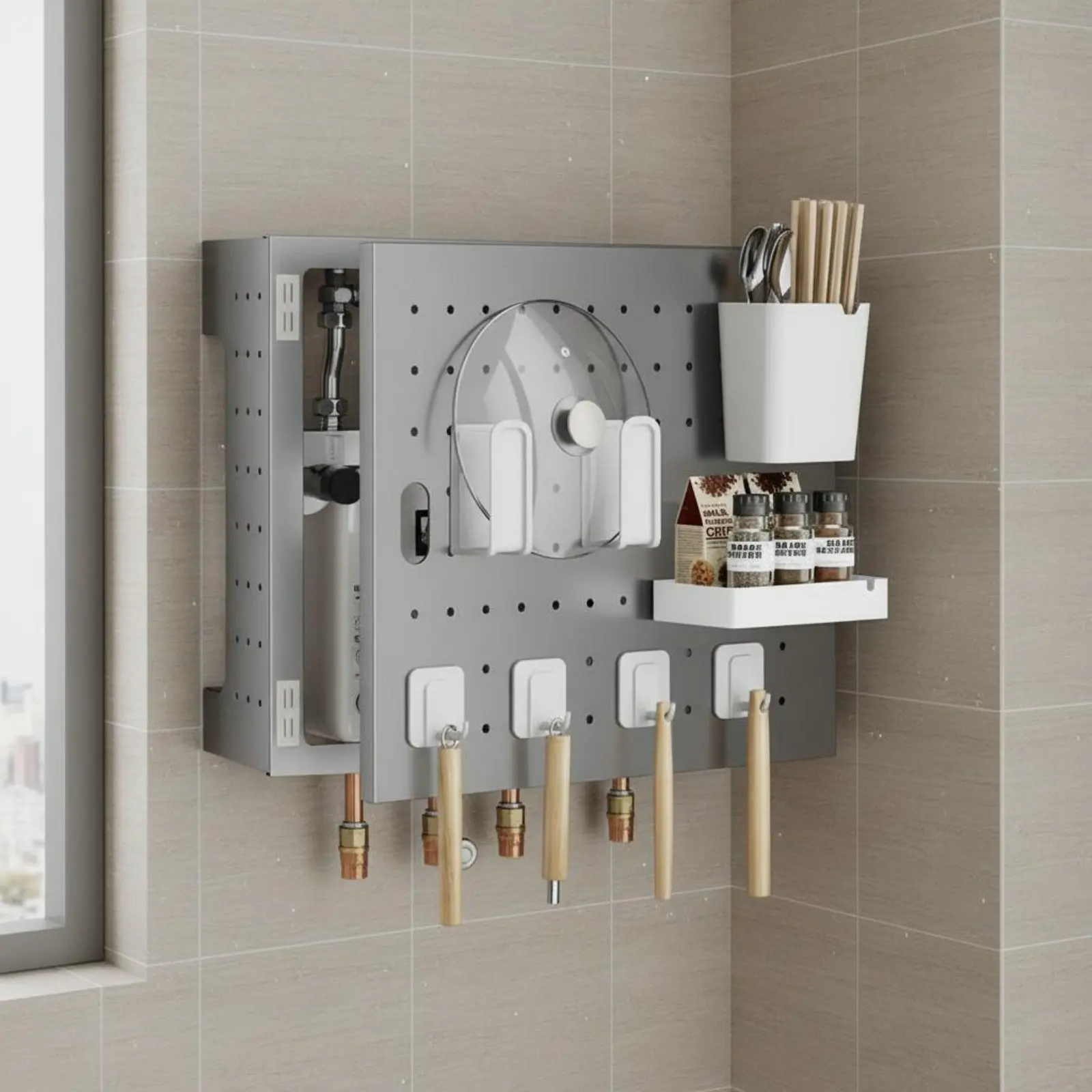 

Gas Water Heater Cover Multi Functional Design Water Heater Pipe Cover Pegboard Organizer Space Saving Strong Load Bearing