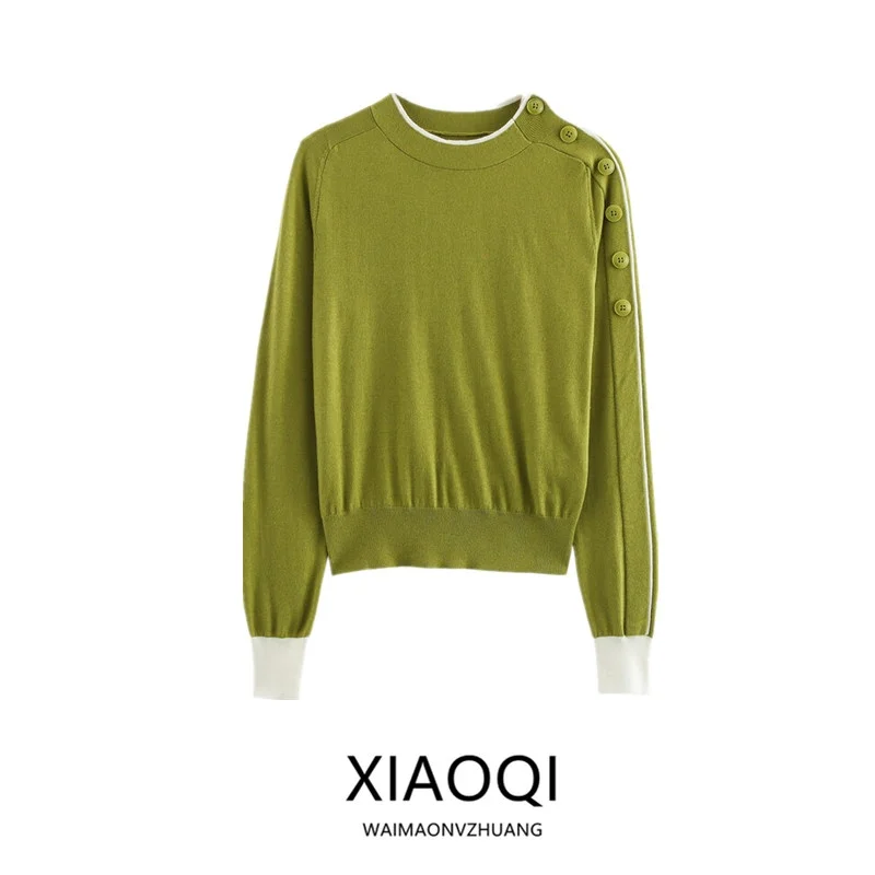 

Spring 2025 New Women's Knitted Long Sve round Ne Spliced Knitwear oulder Button Decoration Commute Sle ort Length