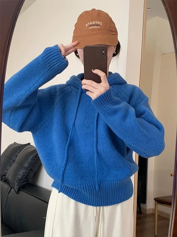 

Blue Knitted Loose Fit Hoodie Sweater Women's Autumn Winter New Sle Casual Inner Wear Sweet Sle Straight Tube pe
