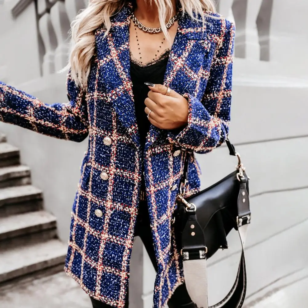 

Women Plaid Jacket Winter Autumn Lady Coat Turn-down Collar Plaid Print Double-breasted Long Sleeves Thick Mid Length Dating Com