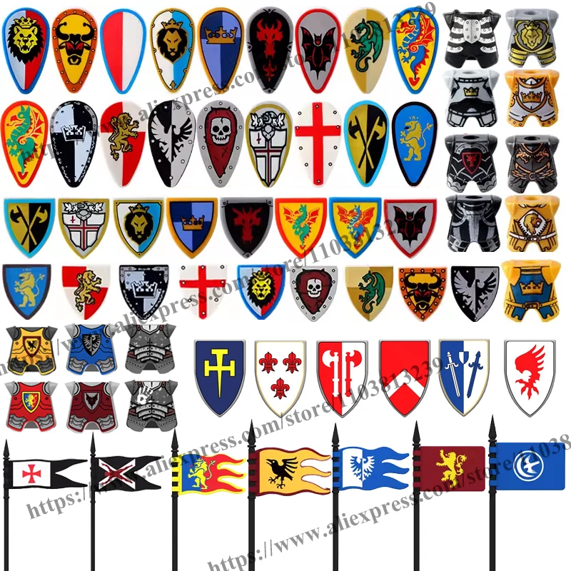 Medieval Building Blocks Soldiers Figures Military Knights Weapons Shield Vest Flag Equipments The War of Roses Crusaders Toys