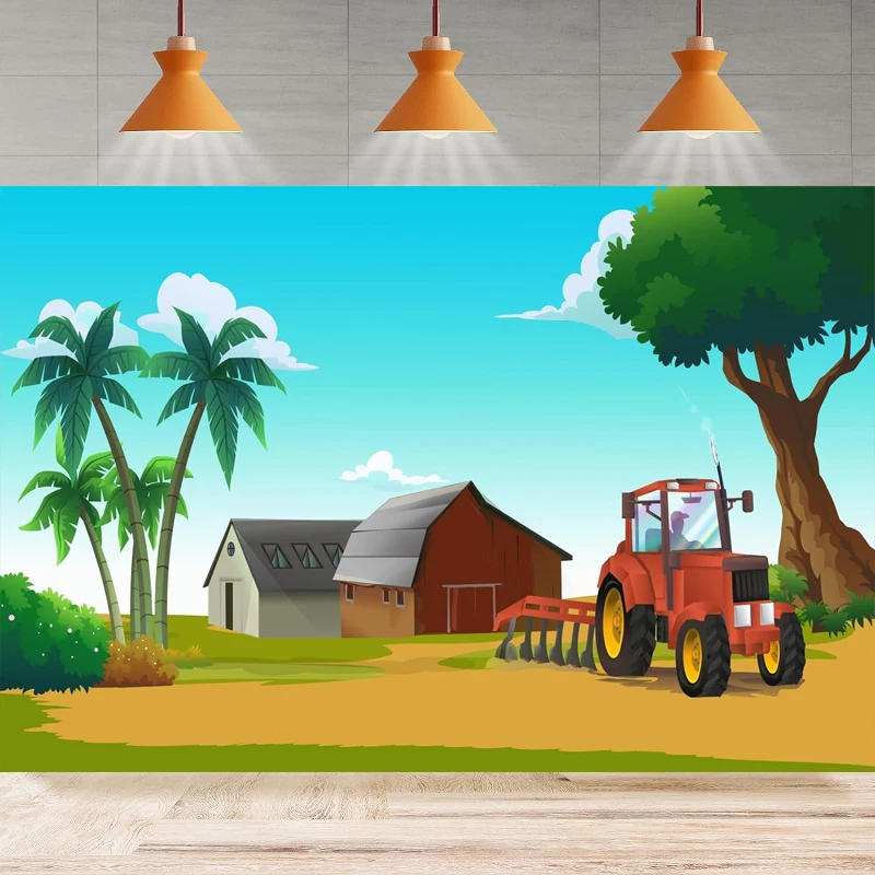 

Cartoon Farm Barn Photography Backdrop Red Tractor Farmland Village Farm Scenery Background Party Backdrop Wall Banner Decor