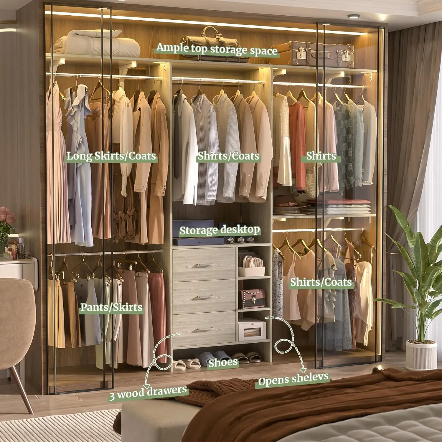 Aheaplus Closet System, Closet Organizer With 3 Wooden Drawers, 8Ft Closet Organizer System, 96’’ Walk-In Closet Wardrobe