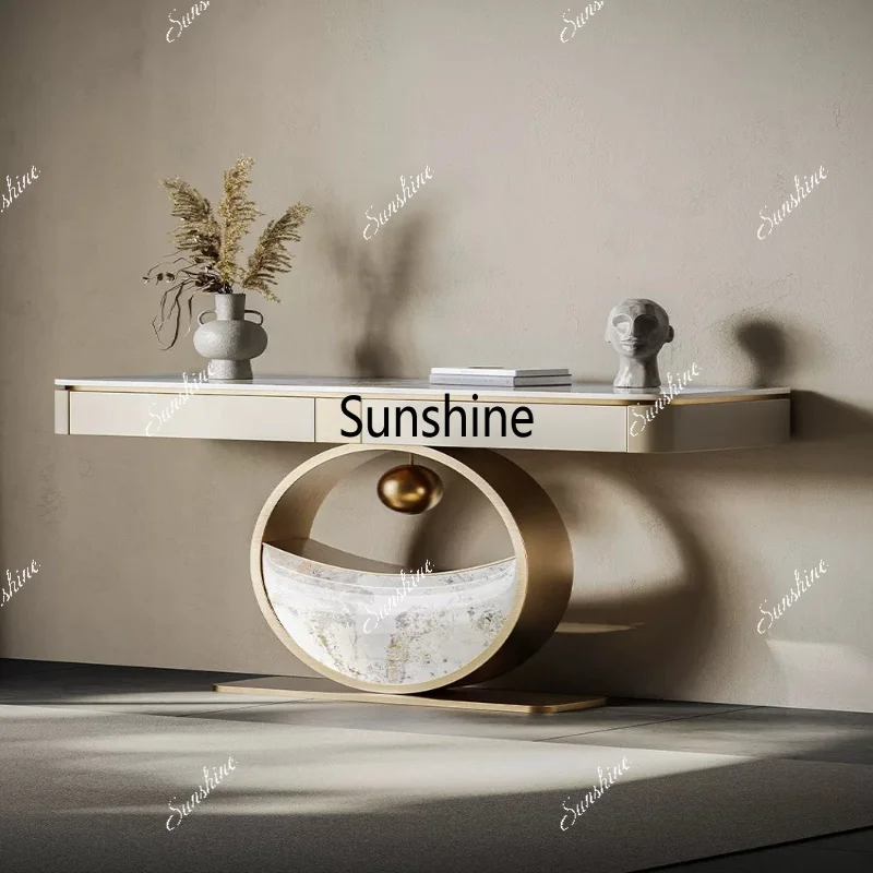 Light luxury rock slab entrance table against the wall, living room entry is facing modern minimalist design, decoration