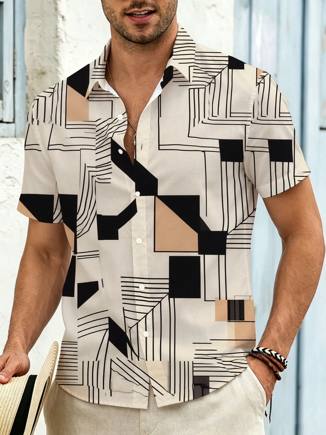 Men's Shirt Geometric Block Line Splicing Print Short Sleeve Lapel Button Shirts Summer Beach Vacation Casual Tops Men Clothing