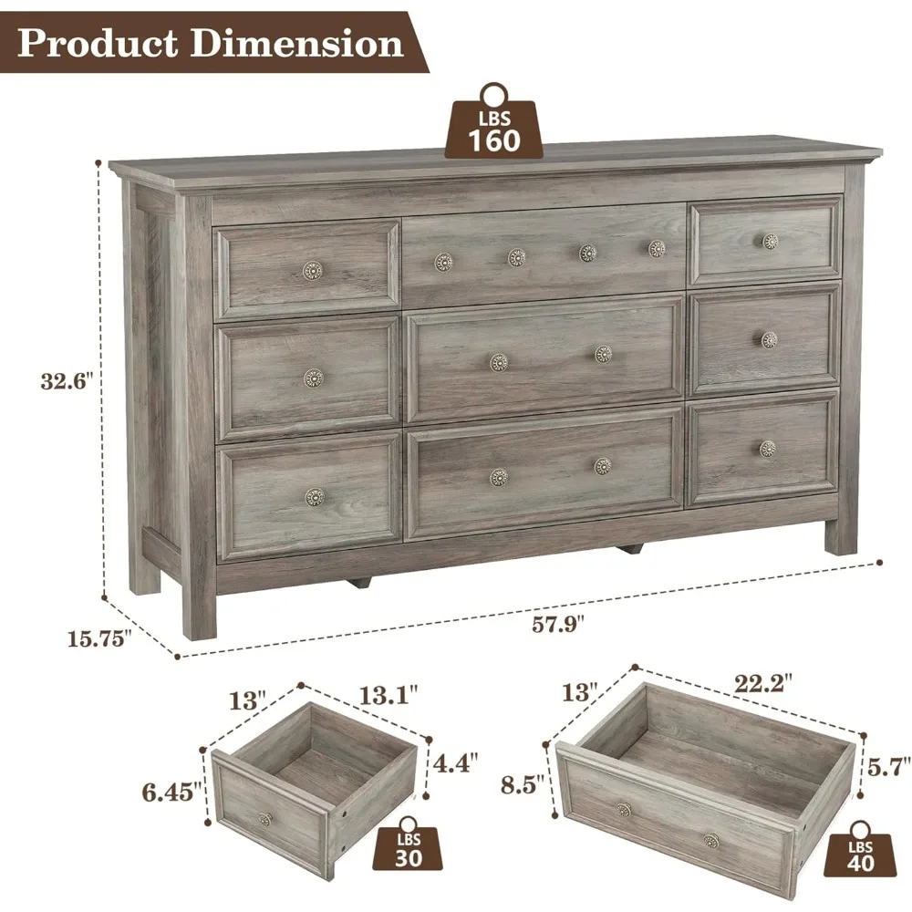 خزانة ذات 9 أدراج، خزانة كبيرة مقاس 57 بوصة لغرفة النوم، خزانة ذات أدراج خشبية بمقبض معدني، حامل تلفزيون لتلفزيون 70 بوصة