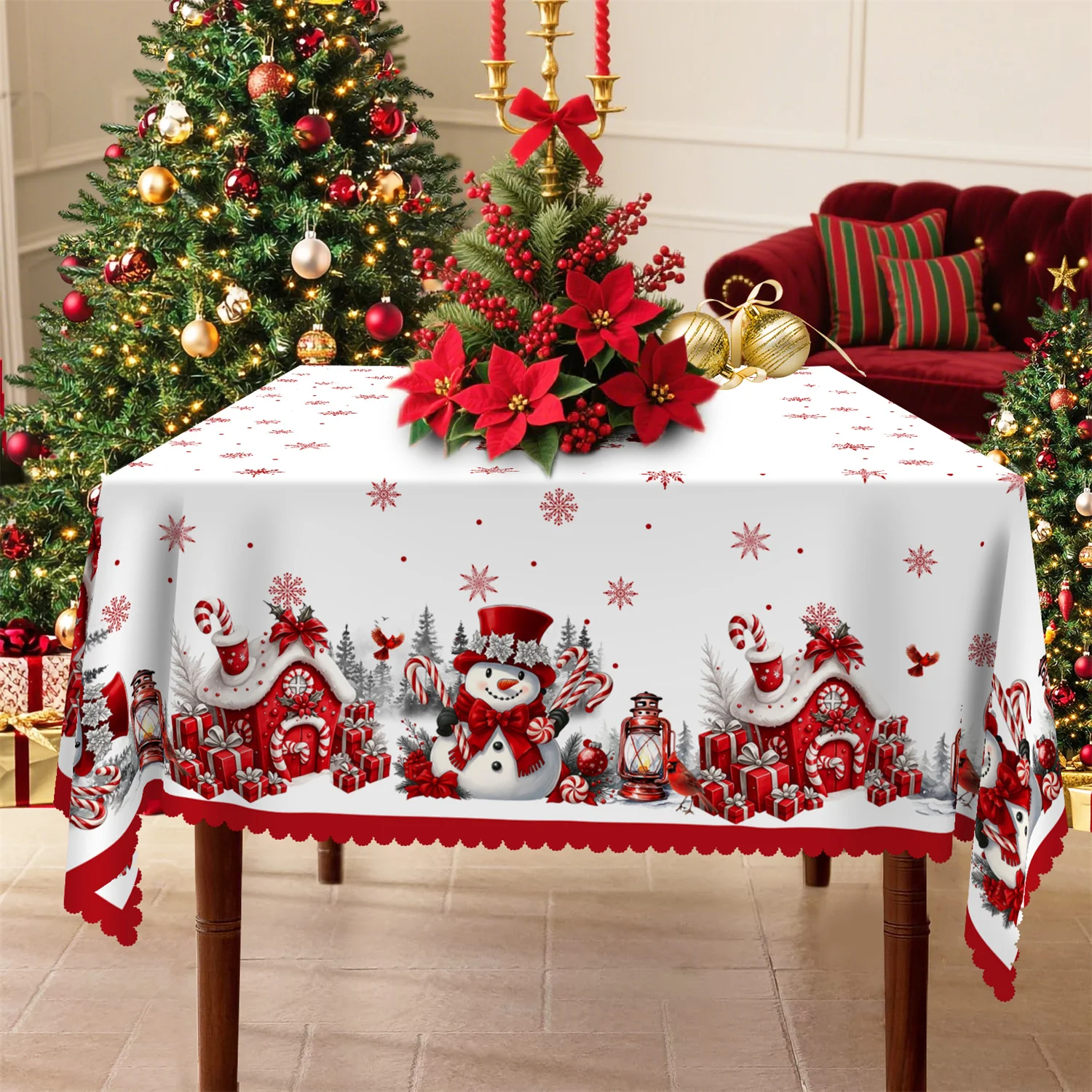 One Christmas tablecloth, a red geranium snowman pine tree gift snowflake cottage design, circular shapezyc