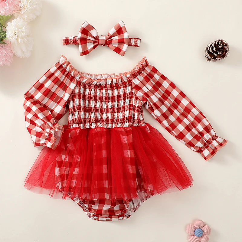 Suefunskry Baby Girls Romper Dress Plaid Long Sleeve Tulle Skirt Hem Jumpsuit Spring Fall Bodysuit with Headband