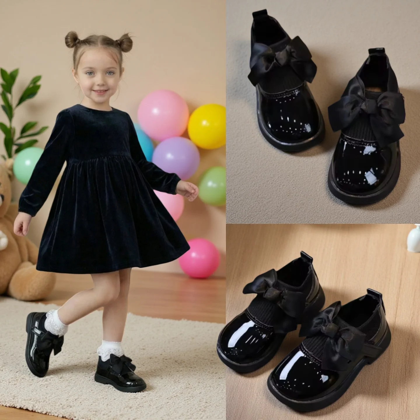 COMFY KIDS Kids Black Glossy Leather Shoes Bow Decoration 2-8 Years Elastic Collar Soft Sole Daily Wear Shoes For Girls