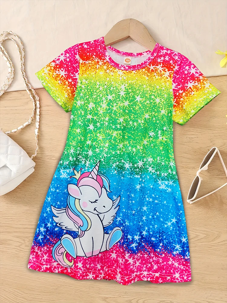 Girls Chic Color Block Unicorn Print Short Sleeve T-Shirt Dress Casual Dresses Summer Outwear