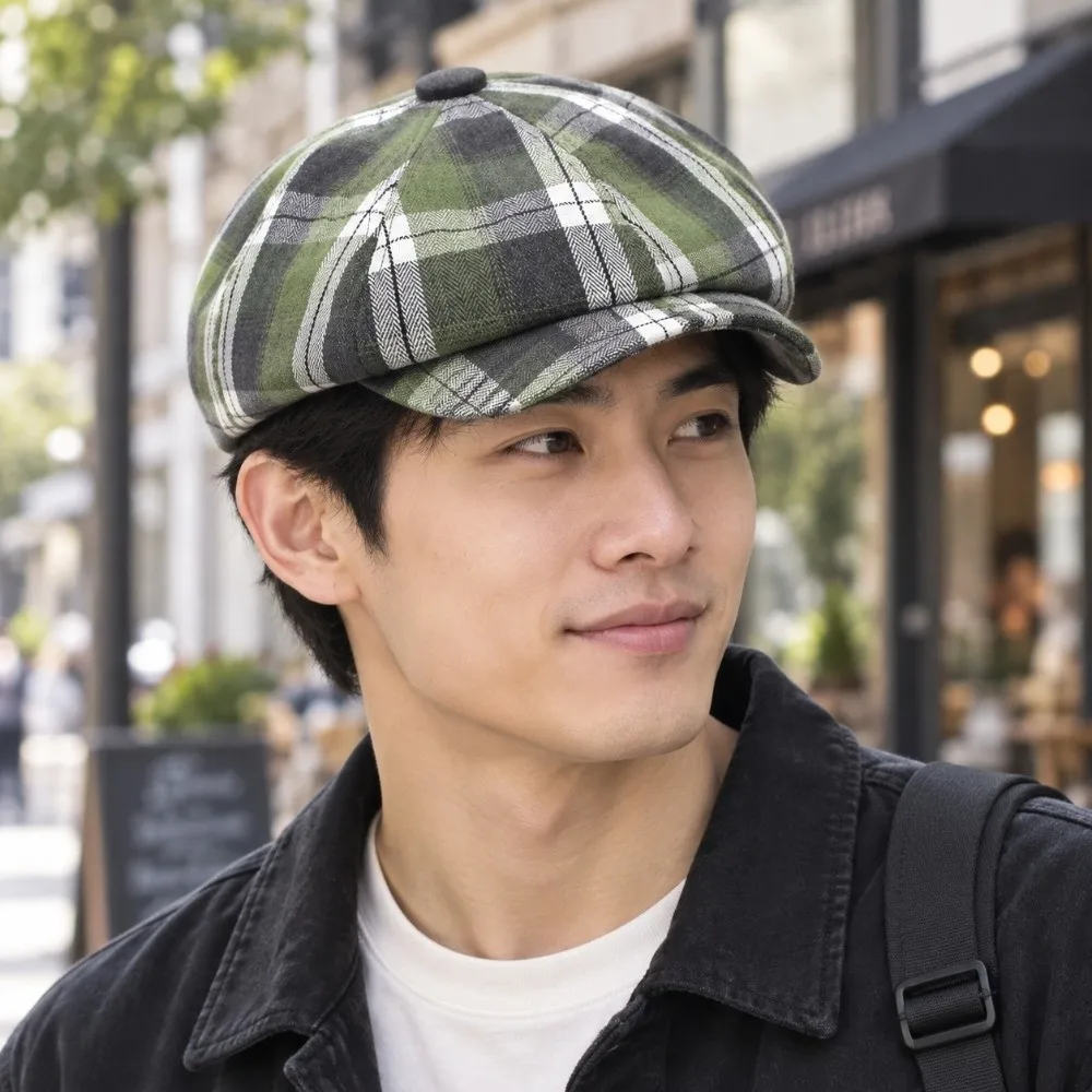 Fashion Short Brim Plaid Beret Hat Breathable Thin Lightweight Octagonal Cap Casual Vintage Newsboy Cap Travel