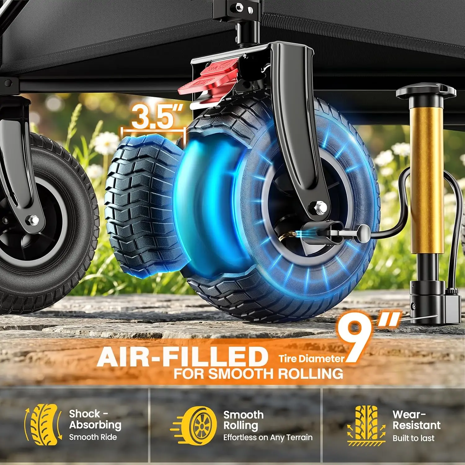 All-Terrain Utility Wagon Featuring 9 x 3.5 Inch Pneumatic Rubber Wheels for Use on Sand and Gravel