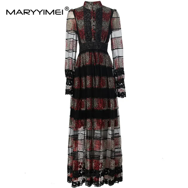 

MARYYIMEI Autumn Women's Dress Embroidery Mesh Transparent Stand Collar Lantern Sleeved High Waiste Long Dresses