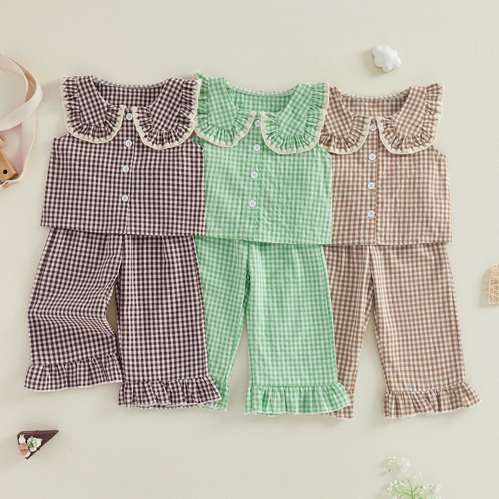 

Летние наряды из 2 предметов для маленьких девочек, повседневная детская одежда без рукавов, жилет с воротником-стойкой и клетчатым принтом, топы, комплект с брюками на эластичной резинке на талии