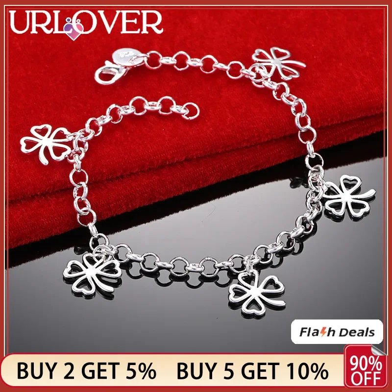 

URLOVER 925 Sterling Silver Four Leaf Clover Bracelets For Woman Party Birthday Fashion Charm Jewelry Gift Wedding Anniversaries