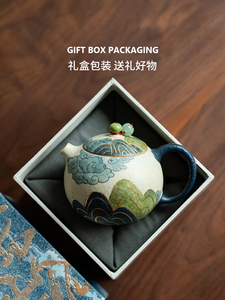 

Pure Hand Drawing Painting, Green Water, Mountain, Ceramic Teapot with Slip, for Ladies, Personal Use, Filter Tea Maker