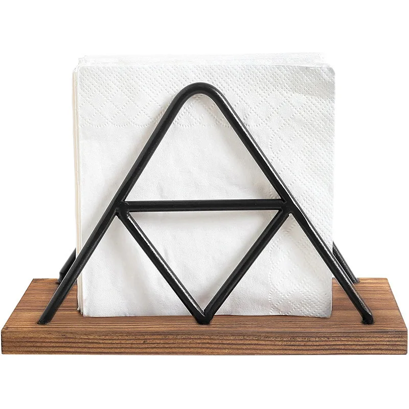 1pc Solid Wood Triangular Tissue Holder Stainless Steel Napkin Holder Desktop Tissue Base Restaurant Table Tissue Storage Rack