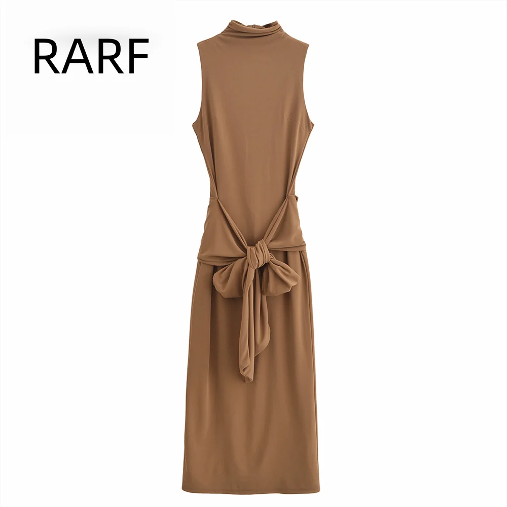 

24 Autumn/Winter New Women's Stand up Collar Bow Decoration Sleeveless Slimming Long Dress Midi Dress