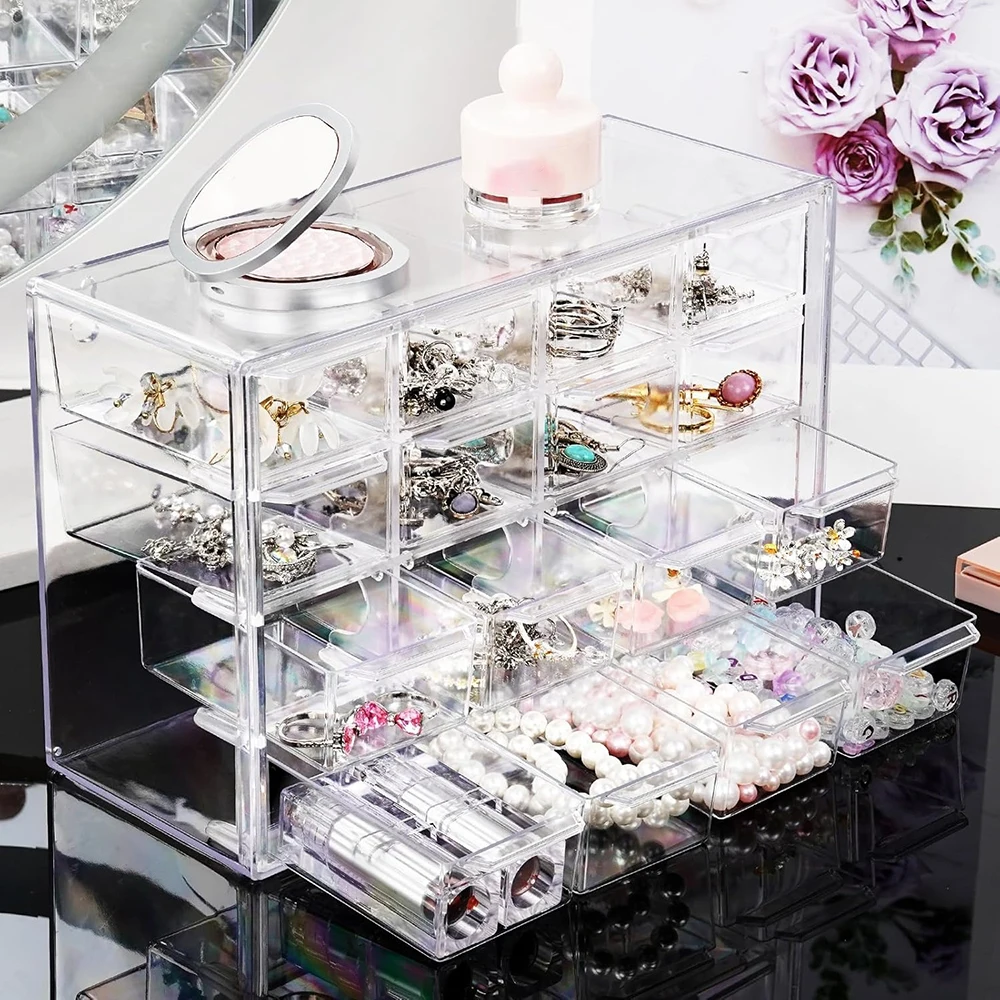 Transparent Jewelry Storage Boxes Organizer Necklace Ring Stackable Organizer Jewelry Accessory Makeup Storage Box Display Case