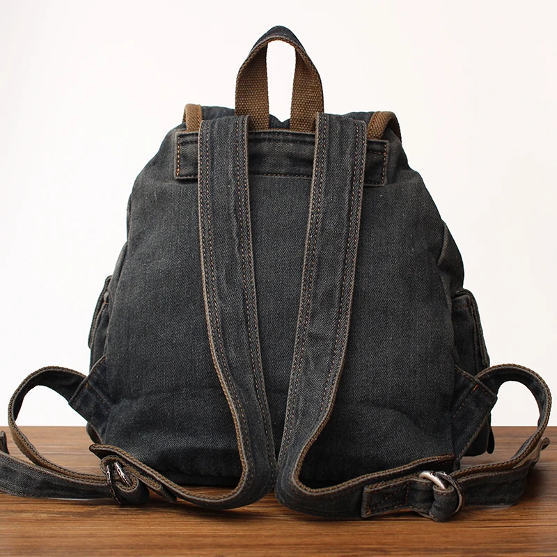 Trendy Retro Denim Drawstring Backpack Women's Bag Fashionable Casual Canvas Shoulder Bag Commuter Style Vertical Square Shape