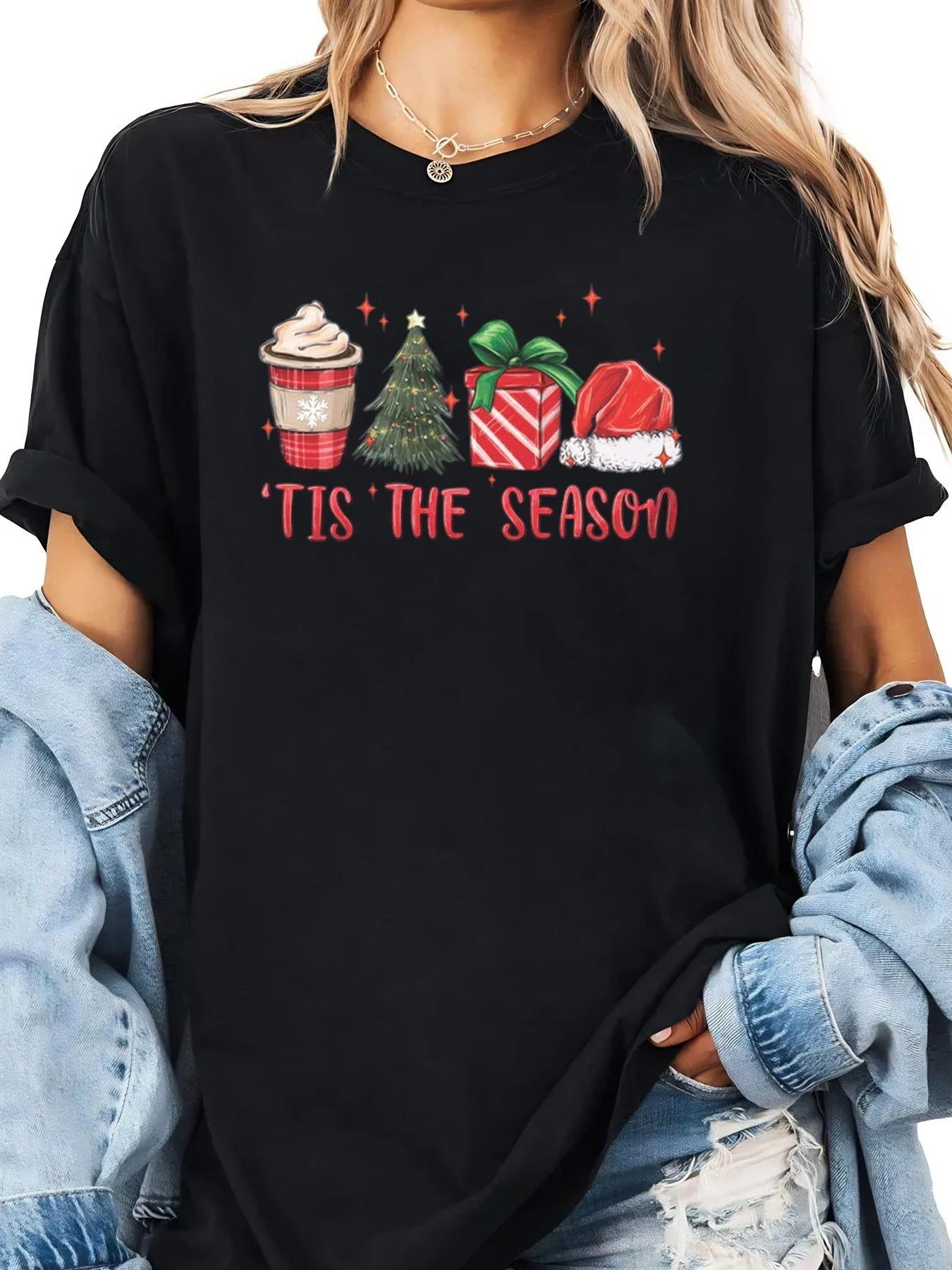 

Christmas Cupcake Tree Gift Hat Tis The Season Print T-shirt Women Holiday Party Casual Wear Black Plus-size