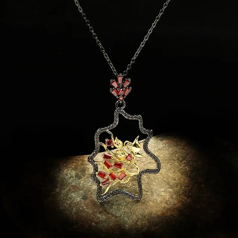 

Geometric Irregular Shape Pendant Hollow Design Jewelry Red Zirconia Necklace for Women Italian Luxury Ladies Sweater Chain Gift
