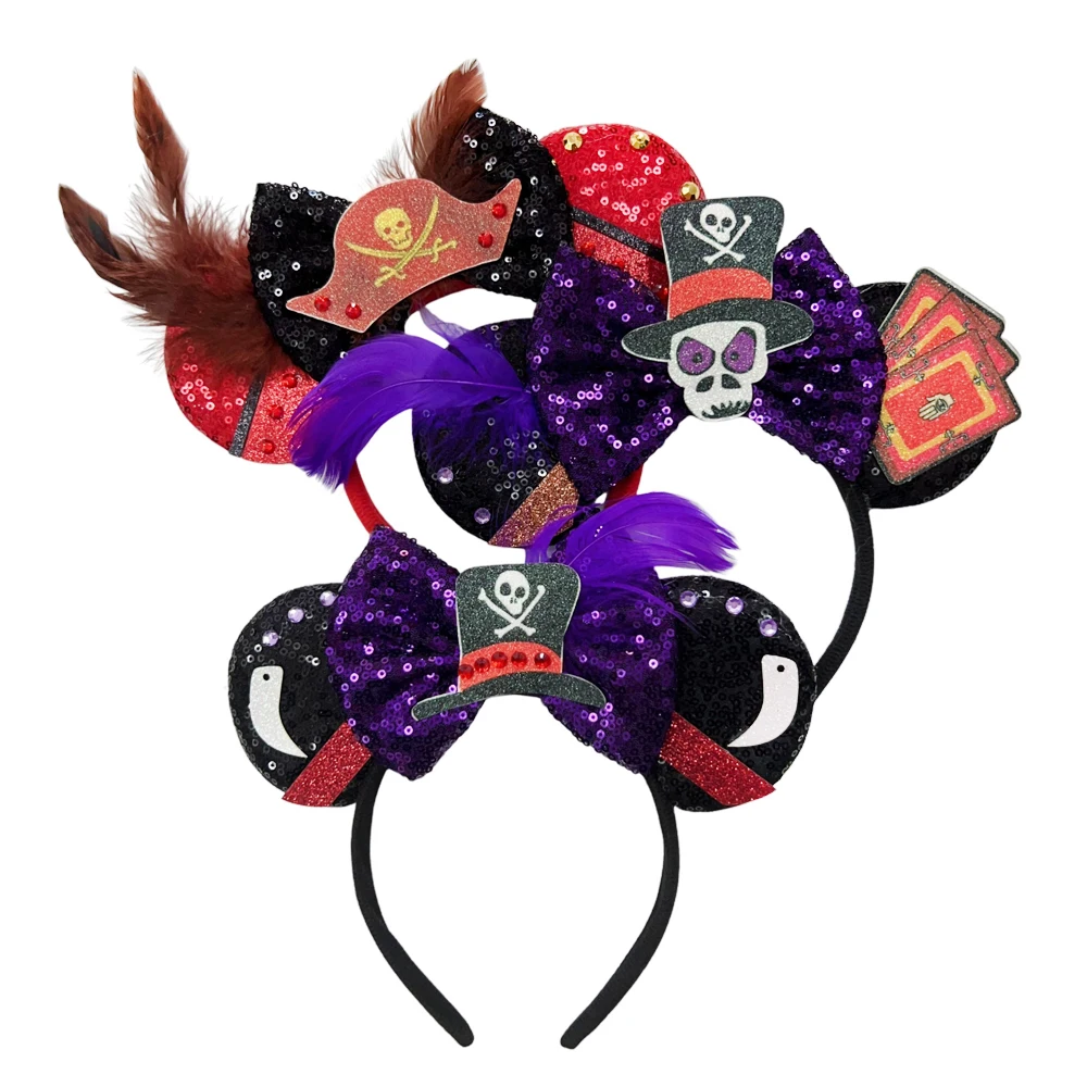 Halloween Mickey Mouse Ear Headband Pirate Hat Bow Sequin Hairband Women Hair Hoop Birthday Gift Adult/Child Cosplay Accessories