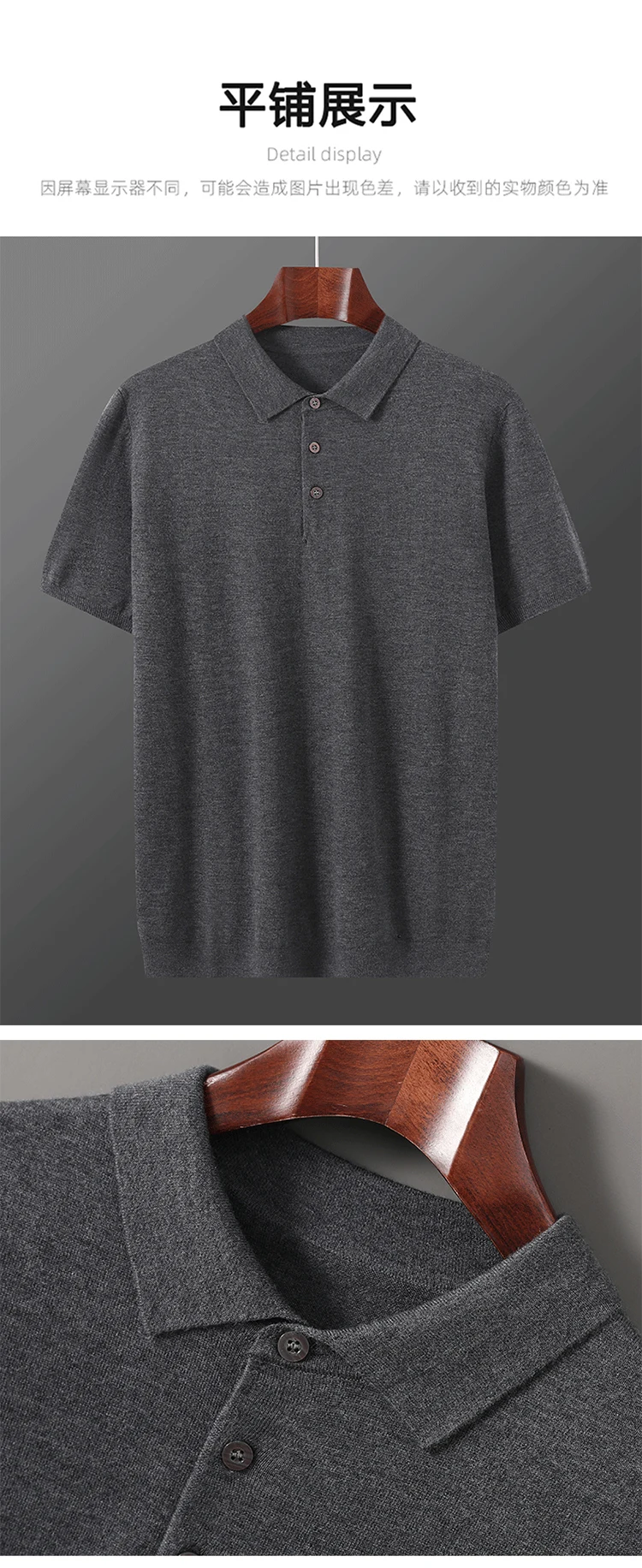 Herren T-Shirt Sommer Wollpullover Kurzarm Lässiger Einfarbiger Herrenpullover POLO-Kragen Gestrickte Oberteile Lockere Bluse – Detail 2