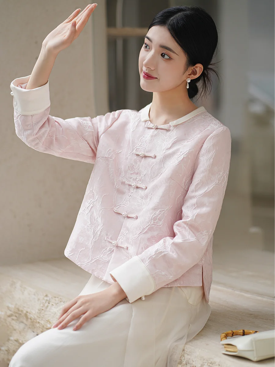 

Premium Pink Reformed Chinese Sle Small irt Jaet Initial Cicada Wind Tang Costume Top Loose Fit Long Sve round Ne ...