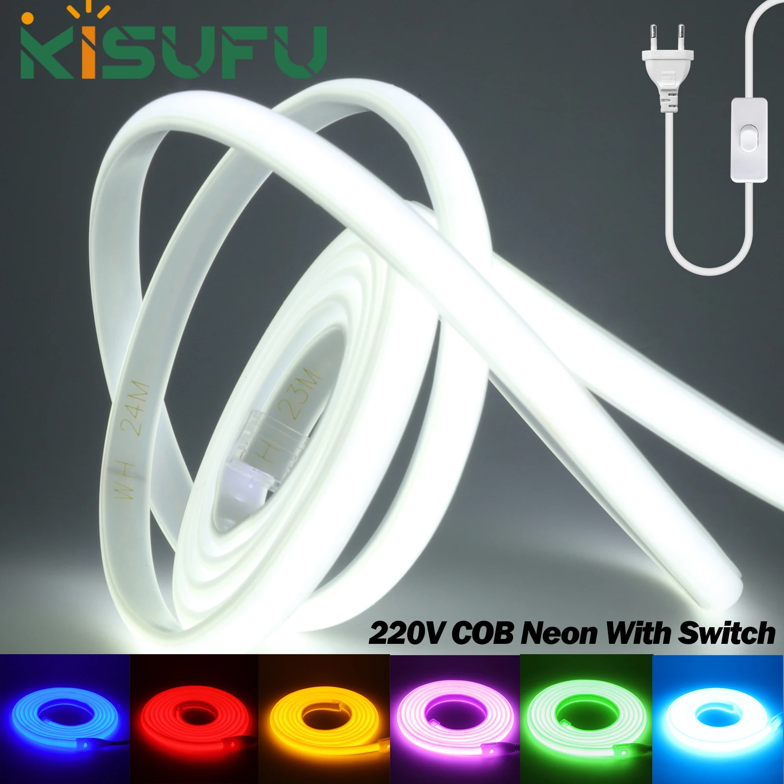 

220V COB Neon Strip 288LEDs/m Purple White Blue Red Green IP67 Waterproof Ribbon Light With Switch EU Plug Lighting Garden/Home