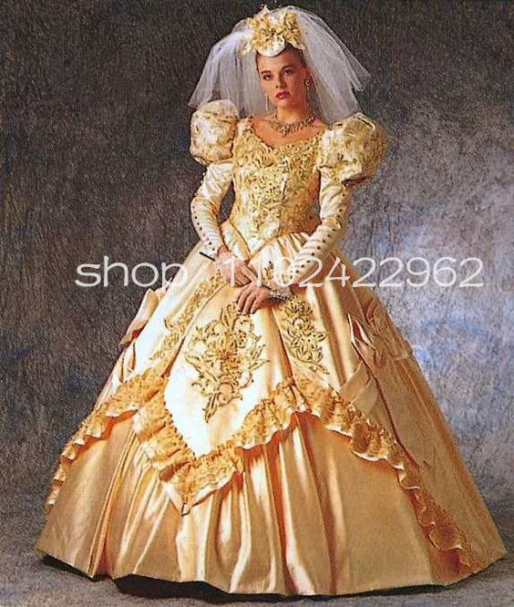 Vestidos de casamento vitorianos vintage dourado para mulheres, manga comprida inchada, espartilho de renda bordado, vestido de noiva com renda, caminhada histórica