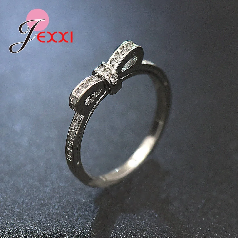 

925 Sterling Silver Women Concise Bowknot CZ Crystal Wedding Rings Anillos Mujer Rhinestone Lovers Jewelry