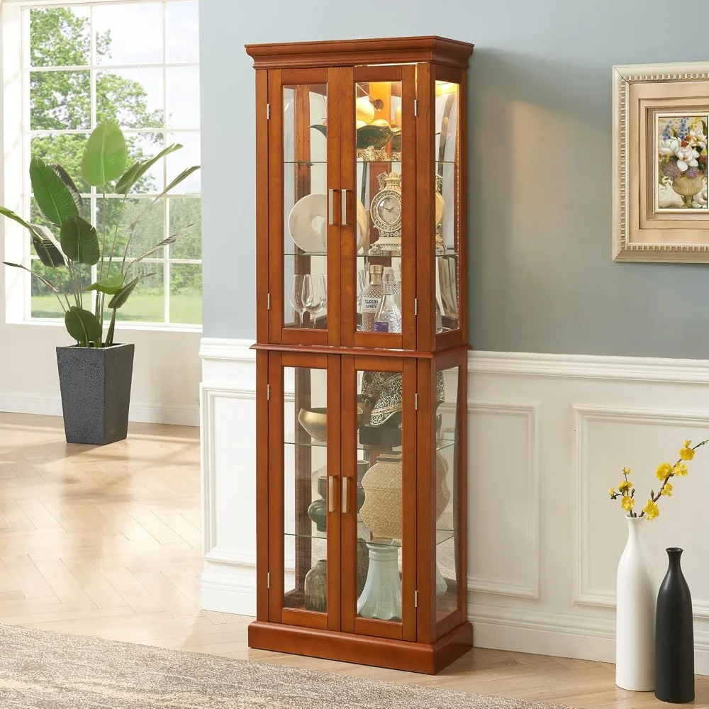 Lighted Curio Display Cabinet with Tempered Glass Doors,with Adjustable Shelves and Mirrored Back Panel,Display Cabinet for Home