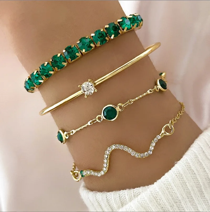 4 ชิ้น/เซ็ตแฟชั่นงูอัญมณีสีเขียวกําไลข้อมือ Rhinestone สร้อยข้อมือโลหะสําหรับผู้หญิงวันเกิดงานแต่งงานเครื่องประดับของขวัญ