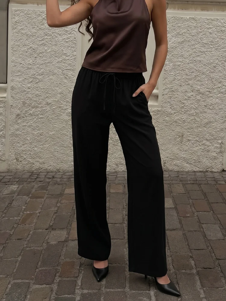 

HH Women Elegant Black Trousers Draped Pockets Decorated Drawstring Style Nine-Point Pants Autumn Fashion High Street Bottoms